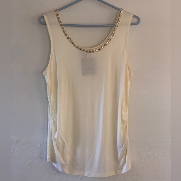 BEADED Tank Top Cream Coloured. Neutral coastal Beach vacation. Size Large - Picture 2 of 14